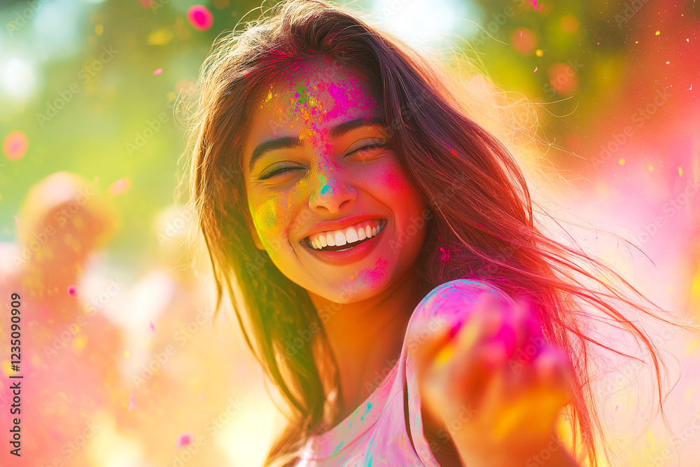 young beautiful happy woman celebrating Indian festival Holi and wearing different colored gulaal on her face, generative AI