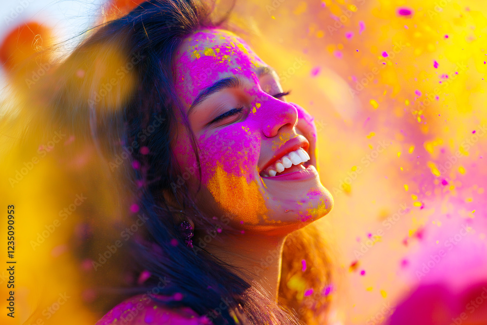 young beautiful happy woman celebrating Indian festival Holi and wearing different colored gulaal on her face, generative AI