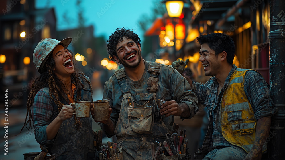 Close-Up of Diverse Group of Workers Celebrating Under Moonlight on Dimly Lit Street, Featuring Middle Eastern Man, Latin American Woman, and East Asian Man Close-Up of Diverse Group of Workers Celebrating Under Moonlight on Dimly Lit Street, Featuring Middle Eastern Man, Latin American Woman, and East Asian Man