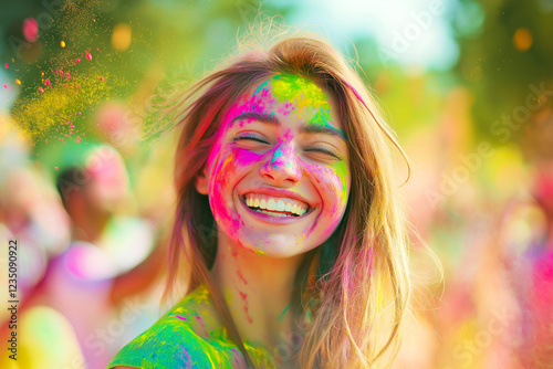 Obraz na płótnie young beautiful happy woman celebrating Indian festival Holi and wearing different colored gulaal on her face, generative AI w salonie
