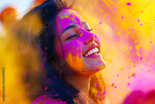 Obraz na płótnie young beautiful happy woman celebrating Indian festival Holi and wearing different colored gulaal on her face, generative AI w salonie