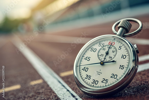 Entrepreneurial Mindset, A close-up of a vintage stopwatch resting on a running track, capturing the essence of timing and athleticism in sports.