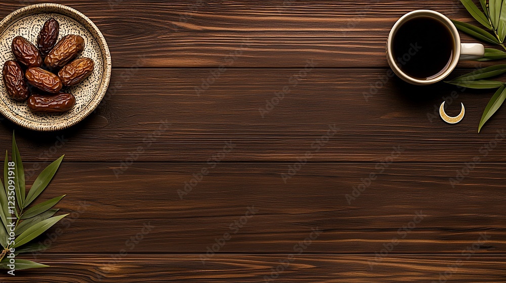 Dates, coffee, and crescent moon on wood. Dates, coffee, and crescent moon on wood.