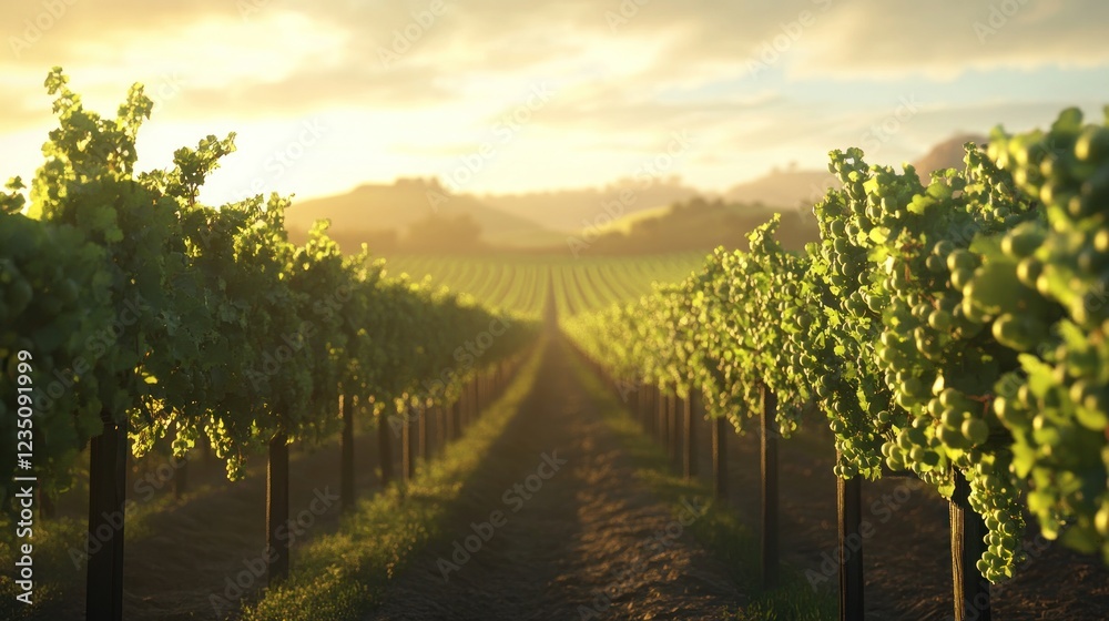 Naklejka premium Vineyard sunset, rolling hills, grape harvest, idyllic landscape, wine industry