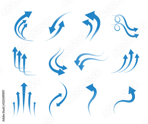 collection of wind air flow, flowing arrow, air flow direction, gradient wind air flow elements, cold air flowing arrow vector