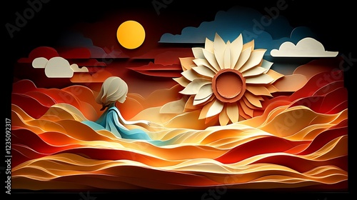 Woman Gazing at a Large Sunflower in a Wavy Landscape