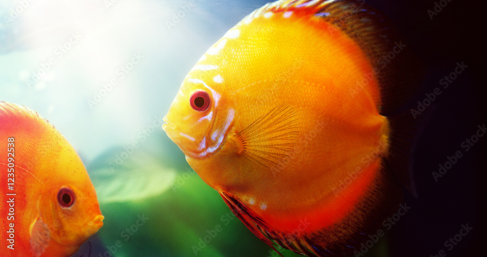 Swimming, tropical and pet shop with fish in aquarium for environment, marine habitat and exotic animals. Lens flare, conservation and ecosystem with red discus in freshwater tank for closeup