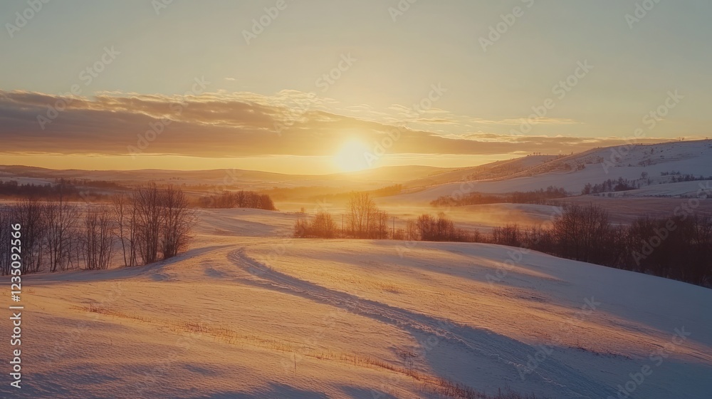 Winter sunset over snowy hills and fields Winter sunset over snowy hills and fields