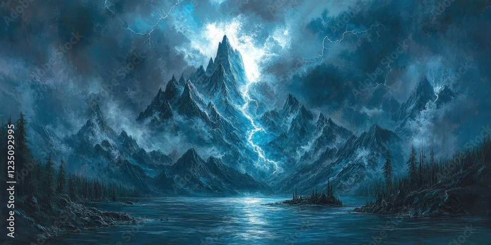 Fototapeta premium Majestic Stormy Mountain Peak and Lake - Fantasy Landscape.