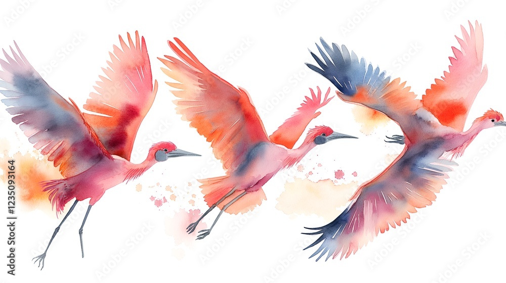 Obraz premium Watercolor Illustration of Bird Migration A Stunning Visual Depicting Birds Flying in Formation, Perfect for Nature Documentaries, Educational Materials, Travel Brochures, and Website Banners.