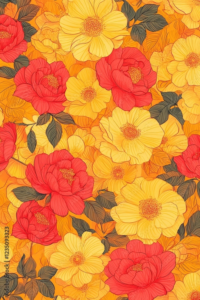 custom made wallpaper toronto digitalVibrant Floral Pattern: Red and Yellow Flowers Seamless Design.