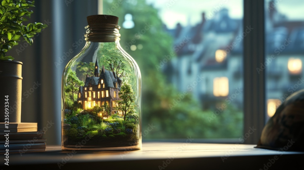 A beautifully crafted miniature house sits inside a jar, surrounded by lush foliage and illuminated by a warm glow, evoking a sense of charm and wonder. A beautifully crafted miniature house sits inside a jar, surrounded by lush foliage and illuminated by a warm glow, evoking a sense of charm and wonder.
