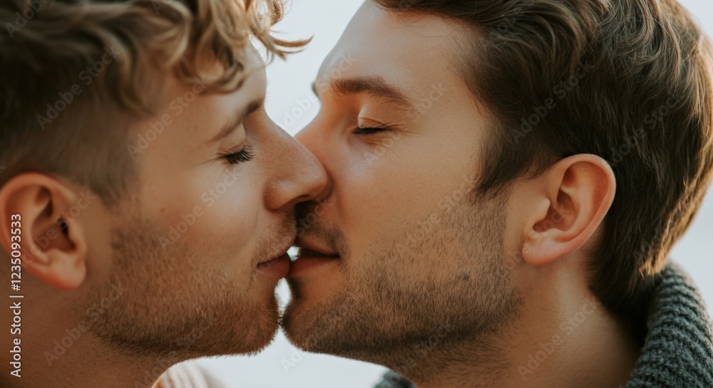 Tender moment between two young caucasian men showcasing love and connection Tender moment between two young caucasian men showcasing love and connection