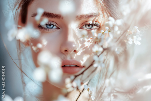 A macro photo of a caucasian model woman look with flowers, motion blur with a blurred background, a light and airy feel, natural lighting