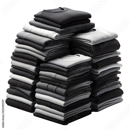 3 Set of pile stack group of folded blank black grey gray white tee t shirt sweater round neck isolated on white background