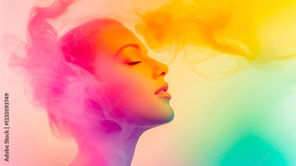 A macro photo of a Caucasian model with a blurred smoke effect with a blurred background, a feeling of lightness and airiness, multicolored lighting A macro photo of a Caucasian model with a blurred smoke effect with a blurred background, a feeling of lightness and airiness, multicolored lighting
