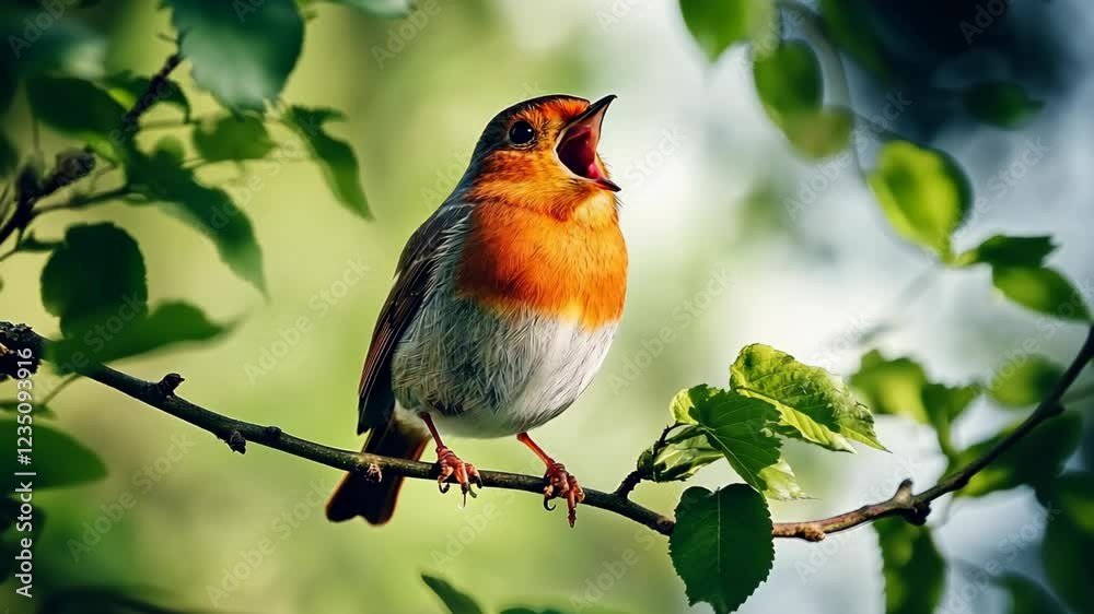 Brightly colored bird sings perched on a branch in a lush green environment