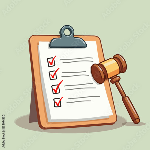 3D clipboard with attached list, judges gavel. List of evidence, documents, facts. Procedure implementation protocol. Paper with checkmark. Compliance with provisions of law. Color layout