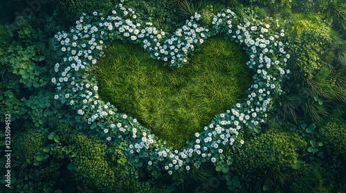 A heart shape outlined with daisies in a field of lush green grass.
