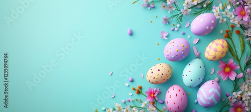 Pastel-colored Easter eggs with intricate designs rest among vibrant spring flowers on a mint green background with copy space. Easter and spring celebration concept.