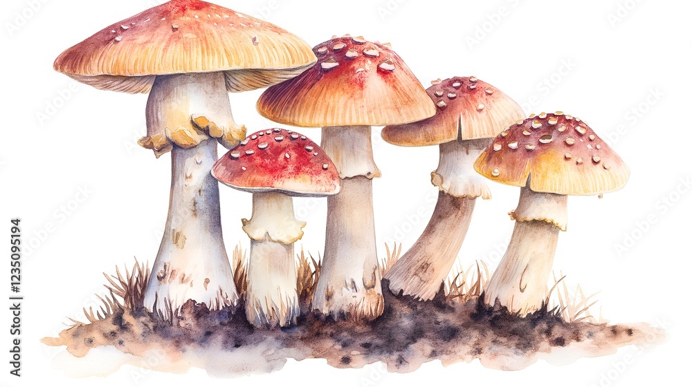 Obraz premium Vibrant Watercolor Illustration of Mushrooms Perfect for Culinary Books, Botanical Posters, and Nature-themed Designs.