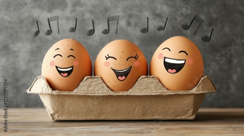 A playful and charming image depicting three eggs in a carton, each with smiling faces and floating musical notes, creating a sense of joy and musical harmony.