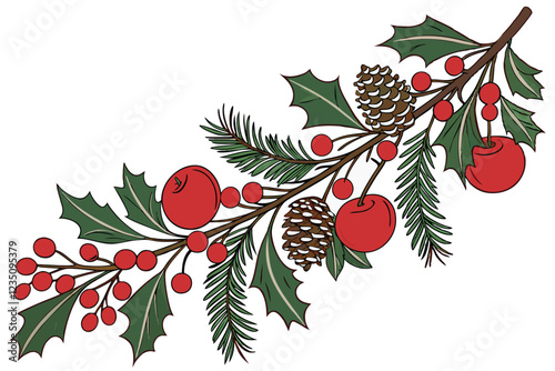 Christmas garland, red berries, pine cones, apples, holly leaves, festive decoration, winter foliage, holiday arrangement, bright red and green, realistic botanical illustration, white background, hig