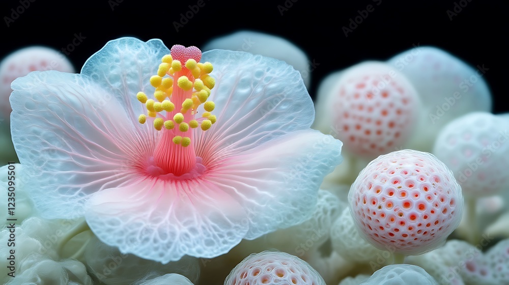 Delicate Pale Flower Blooms Amongst Unique Orb Structures Delicate Pale Flower Blooms Amongst Unique Orb Structures