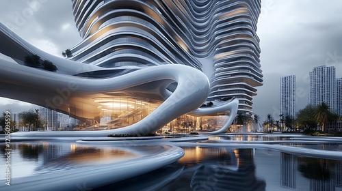 A modern high-rise plaza with a unique, wave-like design, reflective surfaces, and terraces that blend seamlessly with the urban environment photo