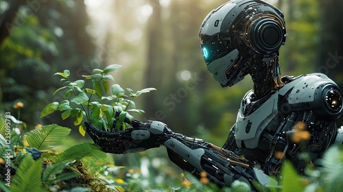 Technology evolution notion of biotechnology. A futuristic robot that embodies both technology and nature is caring for plants in a lush setting