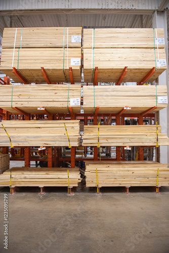 Obraz na plátně Full stack of packed lumber blocks yard at large hardware home improvement store