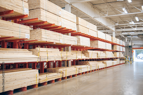 Entrance to lumber yard at large hardware home improvement store in Dallas, Texas, full stack of wood planks posts from floor to ceiling on industrial rack shelving with steel pipe safety bollard
