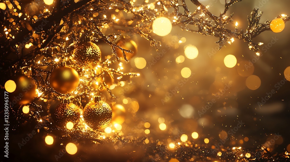 A festive Christmas scene with a glowing tree full of gold ornaments and lights, surrounded by a soft bokeh effect. A festive Christmas scene with a glowing tree full of gold ornaments and lights, surrounded by a soft bokeh effect.