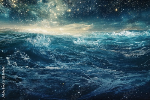 Vast ocean waves illuminated by a starry night sky with shimmering stars