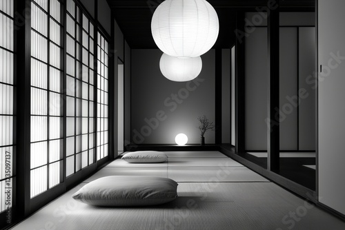 Serene minimalist room with tatami mats and paper lanterns.