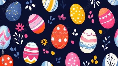A colorful hand-drawn Easter egg pattern featuring decorative eggs, flowers, and leaves on a navy blue background. Festive holiday and decorative design concept.