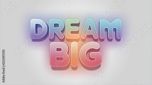 Bold 3D letters spell DREAM BIG with a glossy gradient in blue, green, pink, and purple on a soft gray background with a subtle glow.