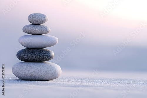 Balanced stack of rocks on plain background, symbolizing harmony. Web banner with copy space
