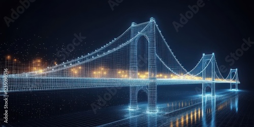 A futuristic digital rendering of a bridge illuminated by lights, set against a dark background, showcasing connectivity and innovation.