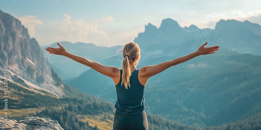 Woman with open arms overlooking mountains, symbolizing freedom and growth on a fitness journey Woman with open arms overlooking mountains, symbolizing freedom and growth on a fitness journey