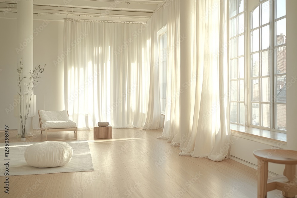 Sunlit minimalist room with sheer curtains and light wood floors. Sunlit minimalist room with sheer curtains and light wood floors.