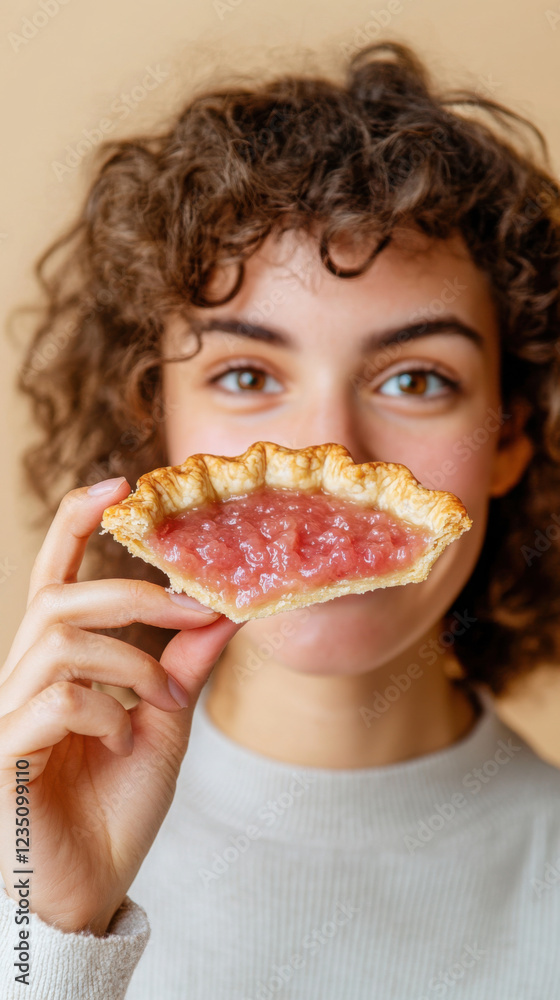 Delicious geometry concept with model holding half eaten pie slice