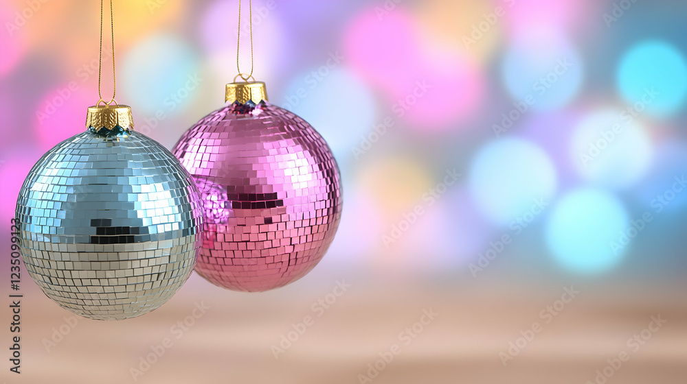 Obraz premium Blue and pink disco ball Christmas ornaments hang against a colorful bokeh background during holiday celebrations.