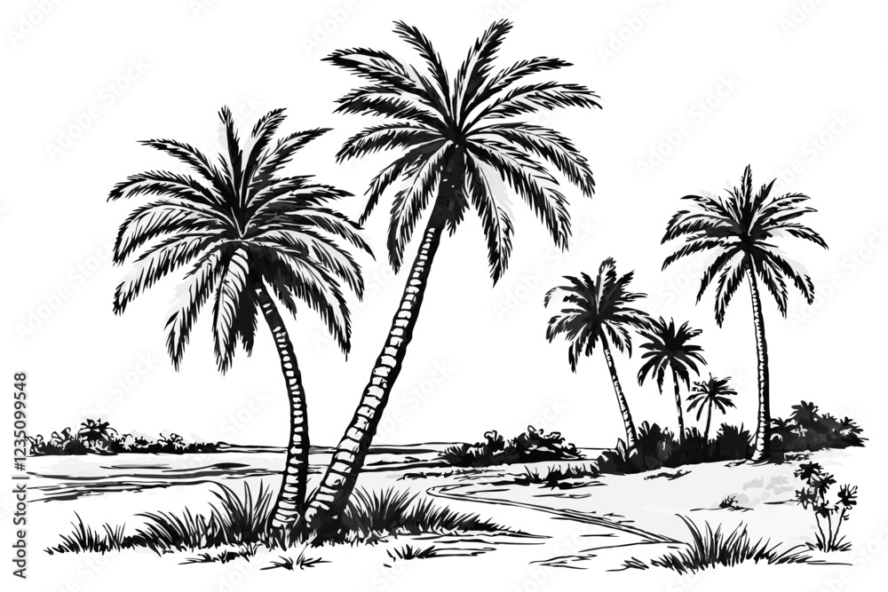 69 Botanical illustration, palm trees, black and white sketch, detailed line drawing, tropical landscape, group of coconut palms, realistic trunk textures, frond silhouettes, minimalist background, vi