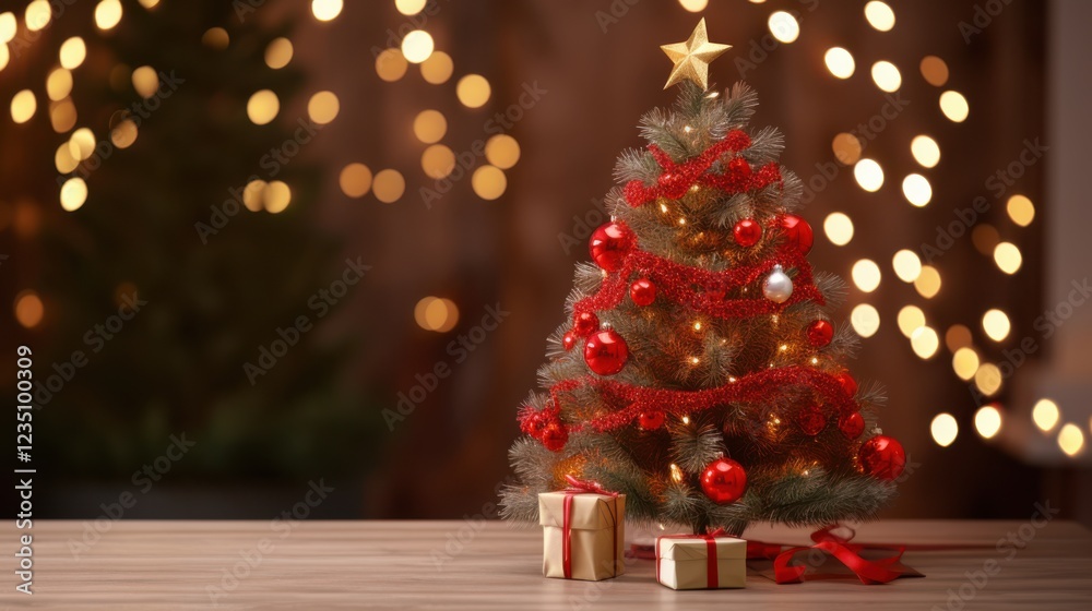 A Christmas tree adorned with red and gold ornaments stands aglow, capturing the essence of festive warmth and seasonal joy. A Christmas tree adorned with red and gold ornaments stands aglow, capturing the essence of festive warmth and seasonal joy.