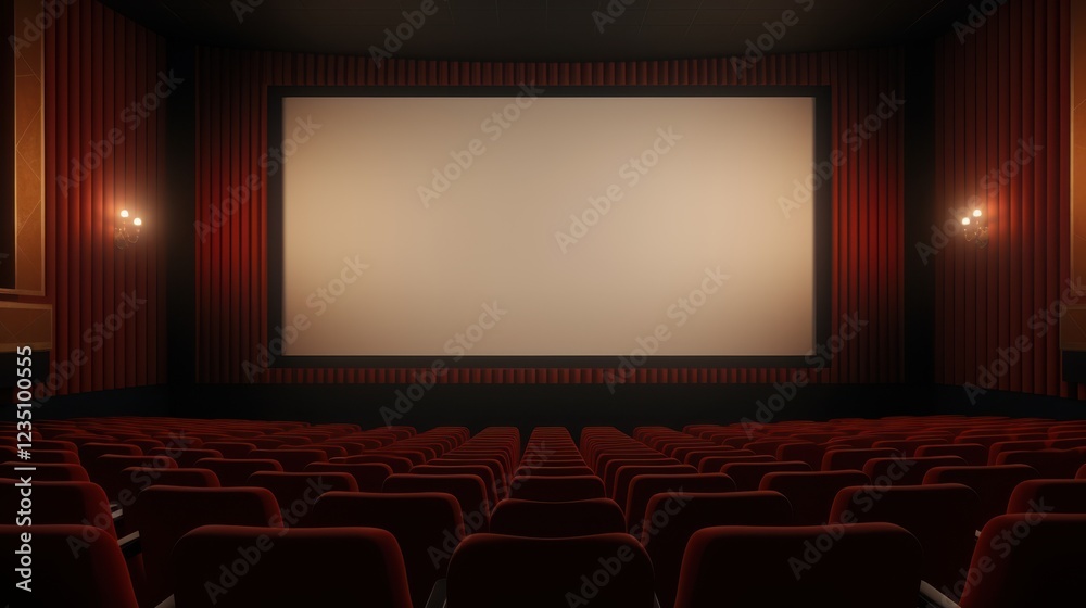 Obraz premium An empty cinema hall with plush red seats facing a blank, illuminated screen, waiting for the magic of movies to unfold.