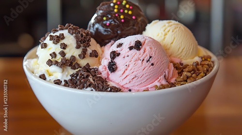 A bowl three types ice cream scoops surrounded by toppings