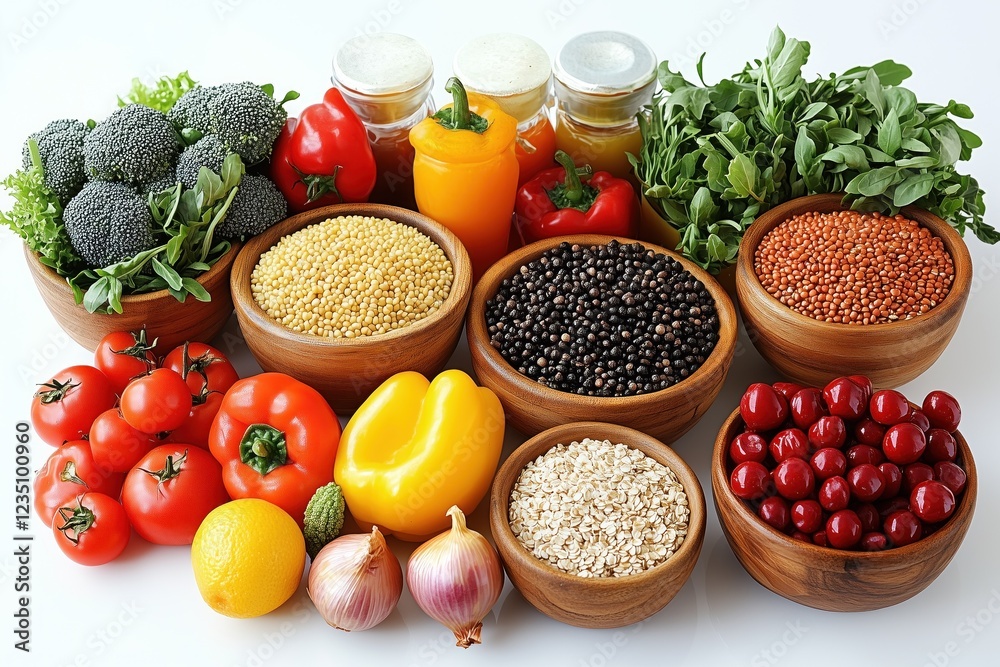 A variety of fruits and vegetables are displayed on a table A variety of fruits and vegetables are displayed on a table