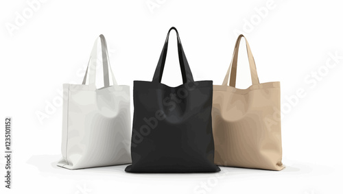 Reusable shopping cart bag mockup set with different fabric colors - white, black and beige bags with empty copy space isolated on white background - vector illustration.