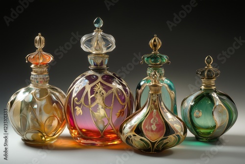 A row of five perfume bottles with different colors and designs photo